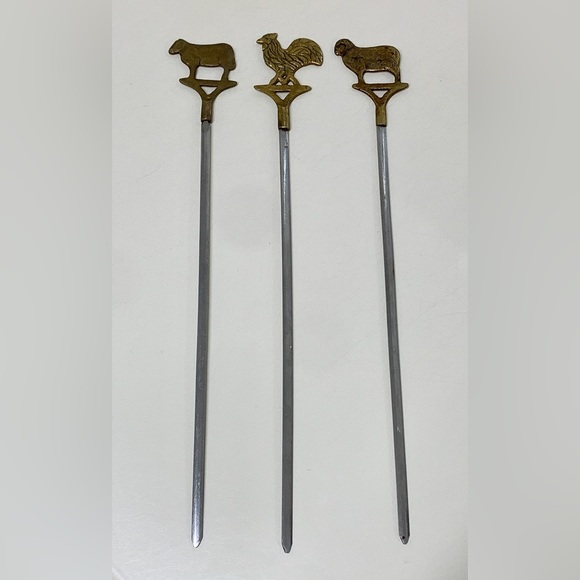 Mid Century Vintage (set of 3) Brass Figural Animal Finial Stainless Skewers - Picture 7 of 16